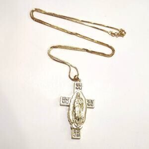 Necklace Gold Plated Silver Virgin Mother Mary Cross Gemstones Christian
